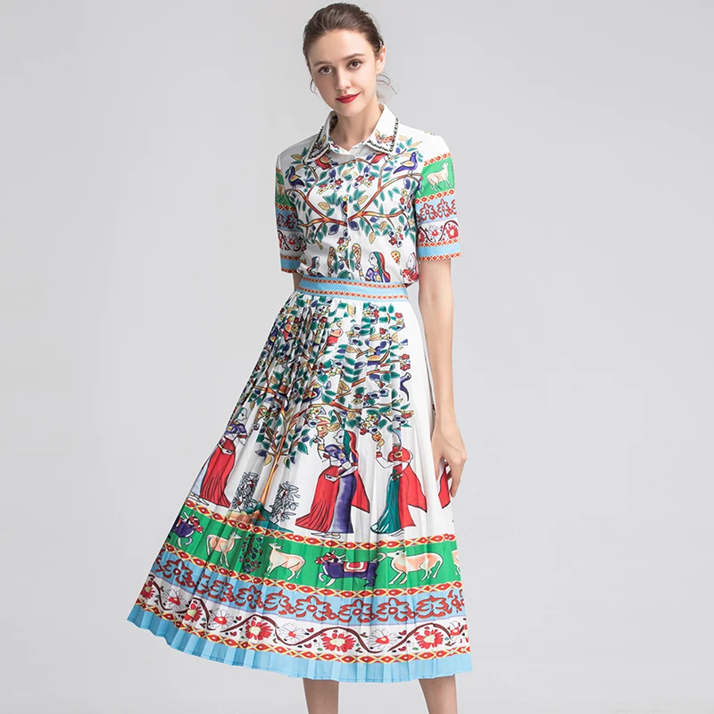 New Summer Pretty 2 Pieces Print Women Sets High Quality Fashion Short Sleeve Turn-down Collar Shirts +Pleated Skirts Slim Suits New Summer Pretty 2 Pieces Print Women Sets High Quality Fashion Short Sleeve Turn-down Collar Shirts +Pleated Skirts Slim Suits