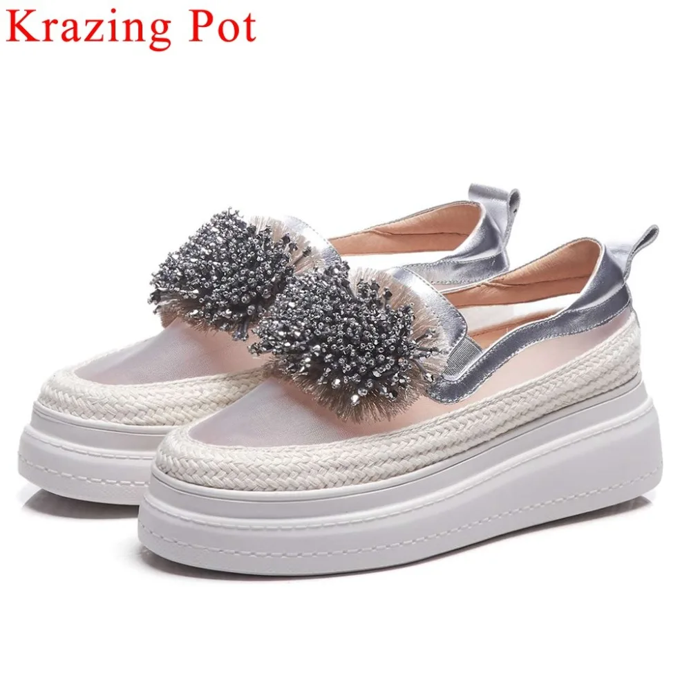 

2019 comfortable slip on loafers round toe high bottom flat platform pig leather mesh breathable daily wear vulcanized shoes L56