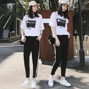 

Summer Women Suit Sets Two Piece OL Office Wear Letter Printed T Shirt Tops + Striped Pants Casual Tracksuit