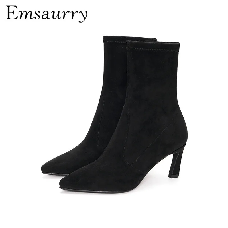 

Short Booties For Women Thin Heel Sexy Pointed Toe Stretch Flock Slim Ankle Boots Autumn Winter Botas Mujer
