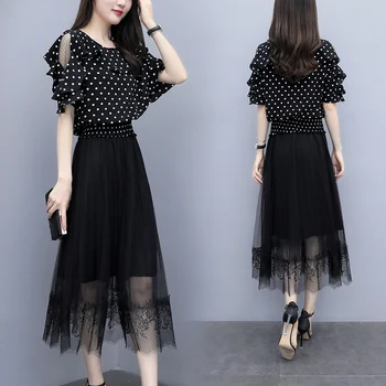 

Polka Dot Chiffon Women 2 Piece Skirt Sets Petal Sleeve Ensemble Femme Deux Pieces Skirt Set Conjunto Feminino Women Skirt Set