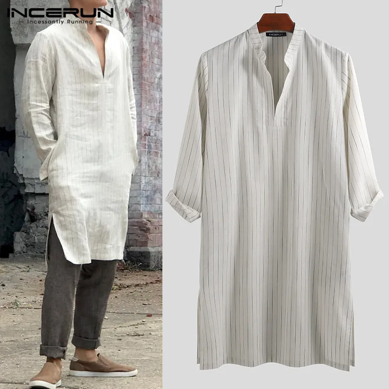 

INCERUN Kaftan Striped Islamic V Neck 2019 Long Sleeve Men Muslim Caftan Long Tunic Robe Saudi Arab Middle East Men Loose 5XL