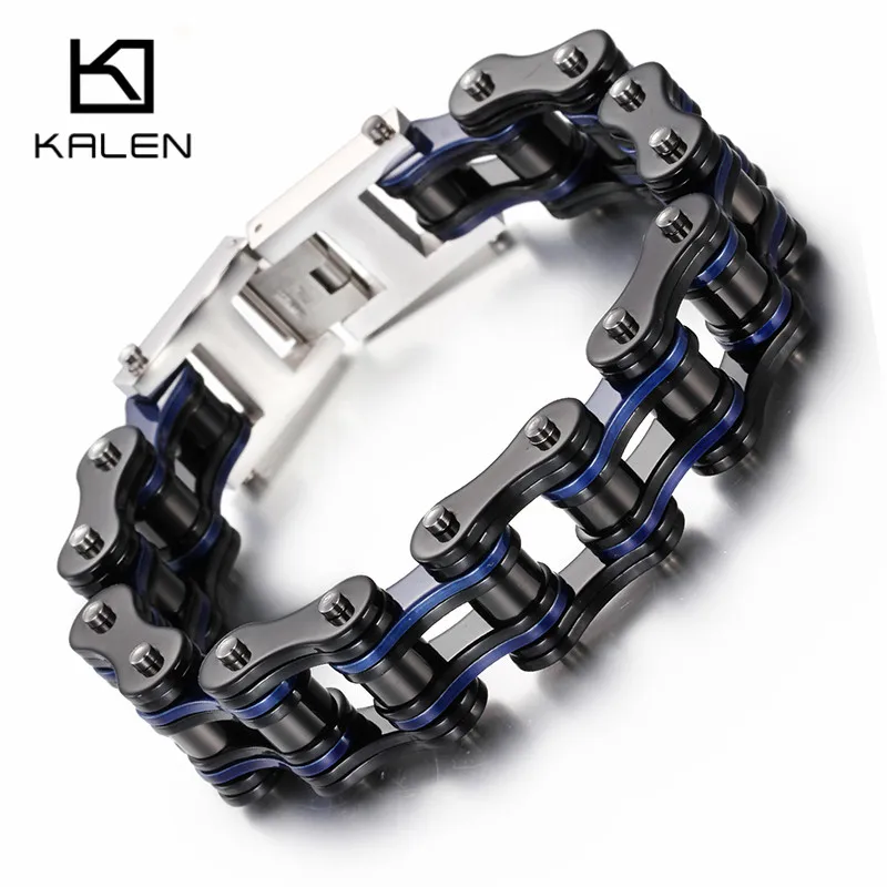 

Kalen Fashion Hot Selling Stainless Steel Bike Chain Bracelet Men Black & Blue Trendy Link Chain Bracelet For Men Gift Jeweiry