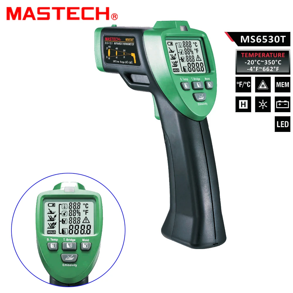 

MASTECH MS6530T 12:1 Digital Non-contact Infrared Thermometer Tester IR Laser Temperature Gun Meter Thermostat -20C~350C +/-1.5%