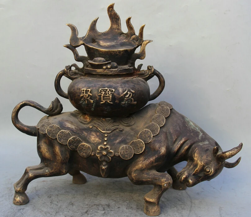

Collectible bronze S1904 18" Chinese Bronze Wealth treasure bowl Zodiac Year Bull Oxen sculpture Statue B0403