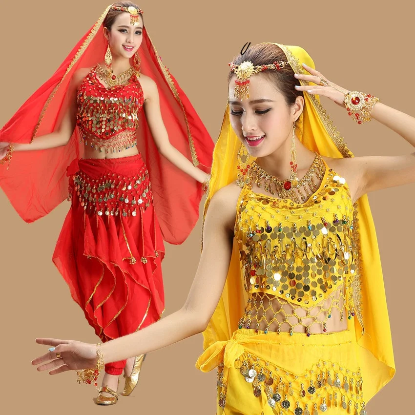New Sexy Belly Dance Costumes Dancewear 4Pieces/Set Pepper Top+Trousers +Belt+Veil Preformance
