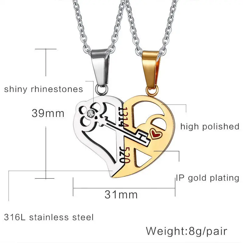 V. Ya романтические пары Сердце Ключ Кристалл ожерелья ее и его любовь навсегда кулон набор Валентина нержавеющая сталь цепи ювелирные изделия