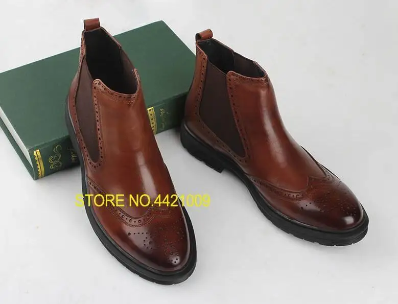 

Ankle boots shoes men slip on high top casual shoes elastic band carved brogue shoes pointed toes brown dress flats dress boots