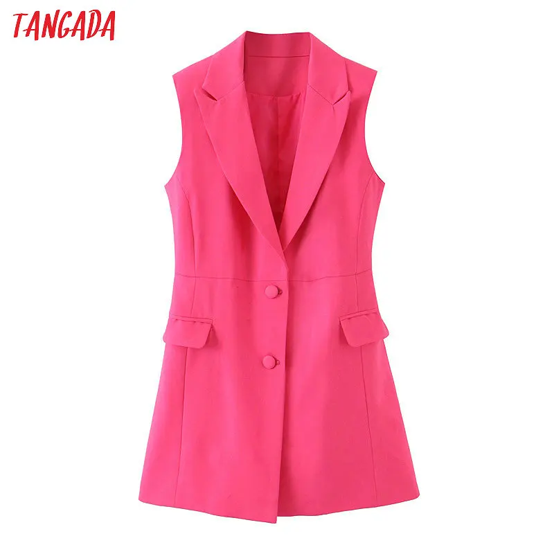 

Tangada women hotpink elegant long vest coat korean style ladies long waistcoat sleeveless button pockets outwear female SL405