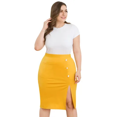 Осенние юбки размера плюс 3XL 4XL, женские желтые Обтягивающие юбки с высокой талией и пуговицами, Элегантные повседневные сексуальные женские юбки большого размера с разрезом - Цвет: Оранжевый