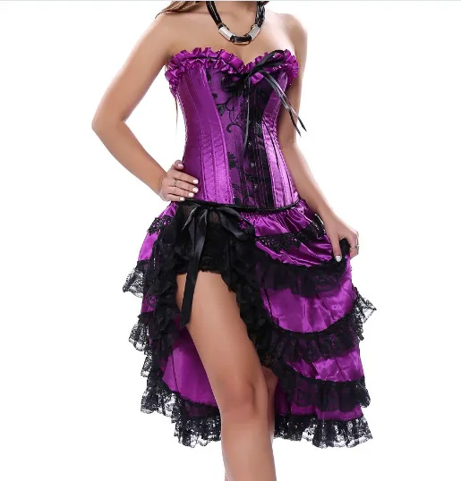 

Sexy Satin Carnival Corset Hot Palace Purple Dancer Dress Lingerie Showgirl Top+tutu Skirt Waist Bustier Plus Size S-6XL