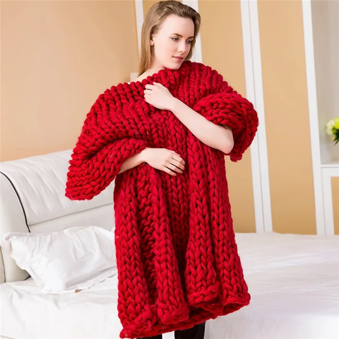 Горячая мода одеяло крупной ручной вязки мягкий толстый мериносовой шерсти пряжа ровинг спиннинг громоздкий вязание одеяло s пледы свитера шарф - Цвет: Red