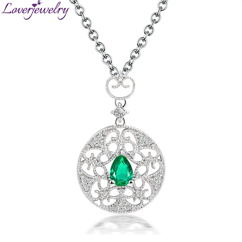 

Solid 18Kt White Solid Gold Natural Diamond Emerald Wedding Pendant Necklace Royal Design Wholesale for Women WP056