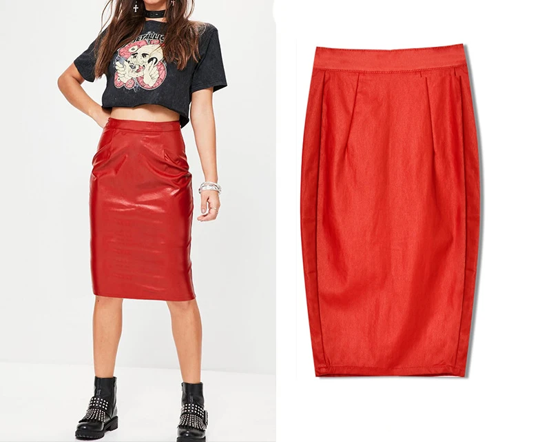 2017 new European and American wind punk high waist Slim stretch Maccaron big red leather imitation leather cowboy half body pack hip skirt after the fork (6)