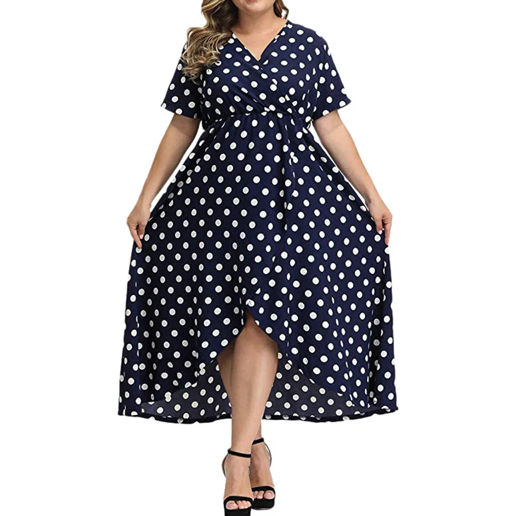 

2019 Summer Dress Women Plus Size Dot Printed Maxi Dresses V Neck Summer Casual Flowy Long Dress vestidos verano