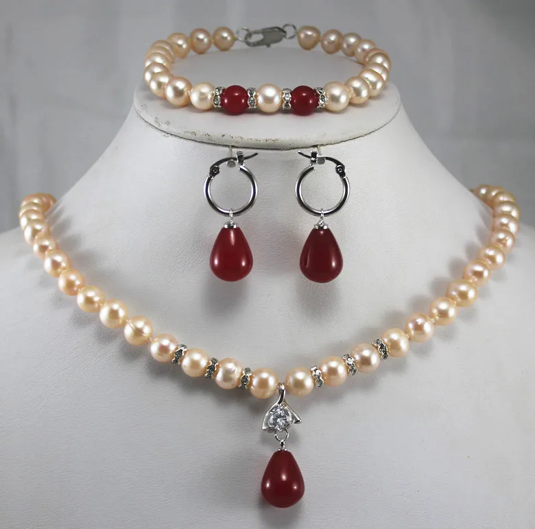 

Hot sell Noble- hot sell new - anniversary! Wholesale Women's yellow pearl mixed red/green jade pendant Necklace bracelet jewelr