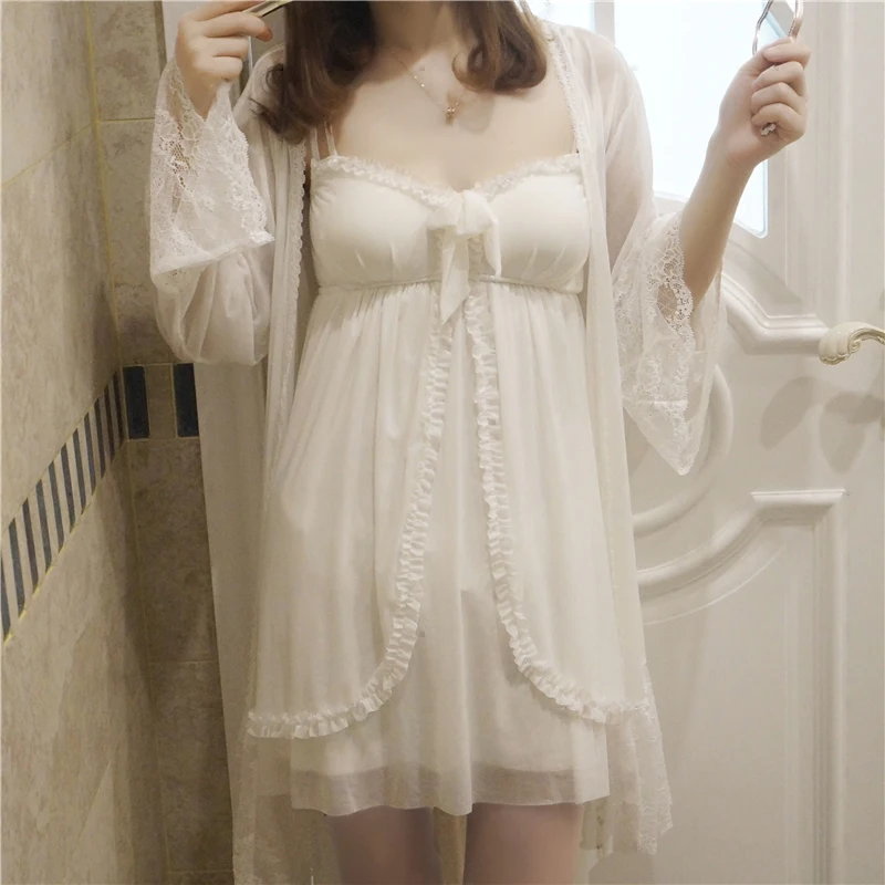 

New Spring Autumn Women's Sexy Robe & Gown Sets Fairy White Lace Nightdress Two Piece Gauze Sweet Pajama Suit Modal Sleepwear