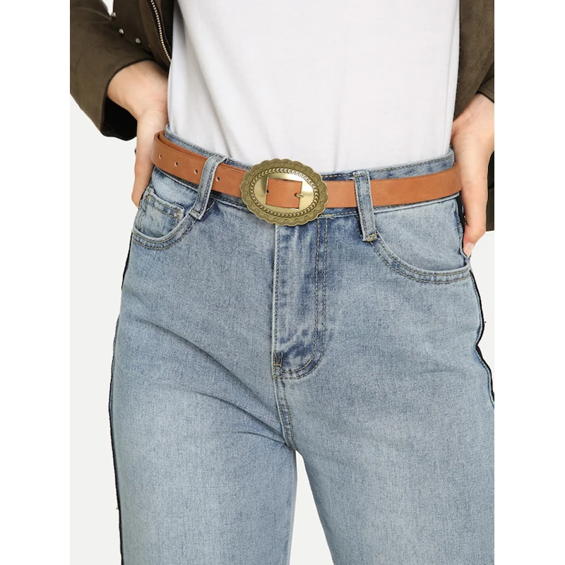 

Angry Snake Fashion Women Belt Flower Round Pin-Buckle Classical Beautiful All-match Belt Black Brown Thin Narrow Belt