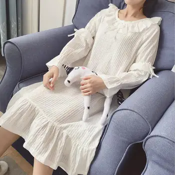 

Autumn new long sleeve cotton women sleep dress lace patchwork palacess Nightgowns sweet style bow white home clothes