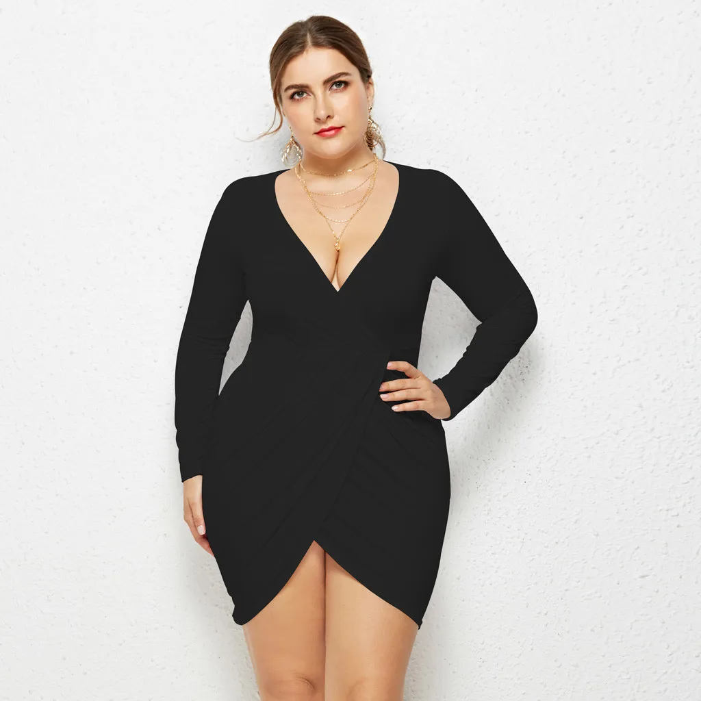 

Large Size Women Dress 2019 Summer Women Large Size Solid Casual Sexy Deep V-neck Bag Hip Fat Mini Dress vestido festa