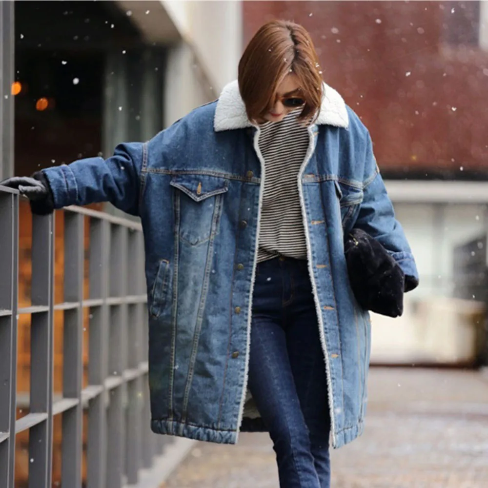 New  Women Warm Winter Long Sleeve Denim Jacket Pockets Long Jean Coat Outwear Overcoat casaco feminino 