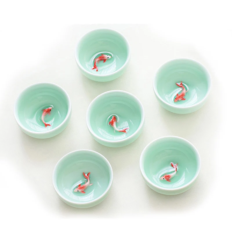 

6pcs Kung Fu Tea Cup Set Celadon 3D Golden Fish China tea cups,Crackle Glaze Travel Tea Bowl Chinese Porcelain Teacup Set