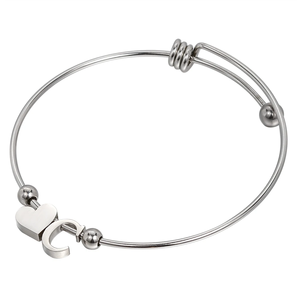 

Senfai Stainless Steel Initial Letter Charm with Heart Bangle Bracelet Expandable A-Z Diameter Adjustable Wire Bangle