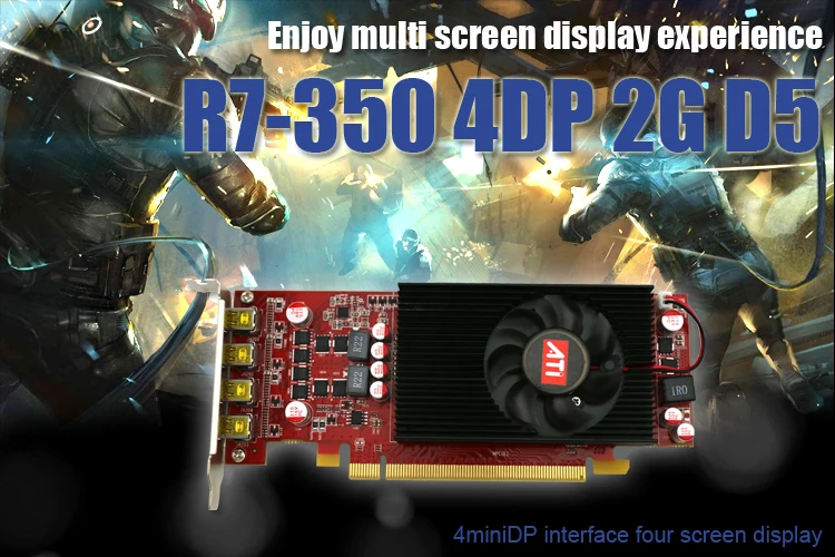 Многоэкранный дисплей карты R7 350 2 ГБ GDDR5 128 бит 4DP для низкопрофильного ПК поддержка 4 режима дисплея