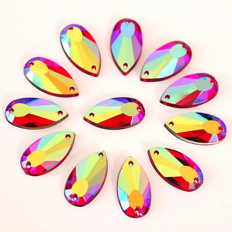 

New Colors 9*17mm 50pcs Teardrop Acrylic Sew On Rhinestones Flatback Droplet Red AB Sew On Rhinestone For Dress Decoration B1037