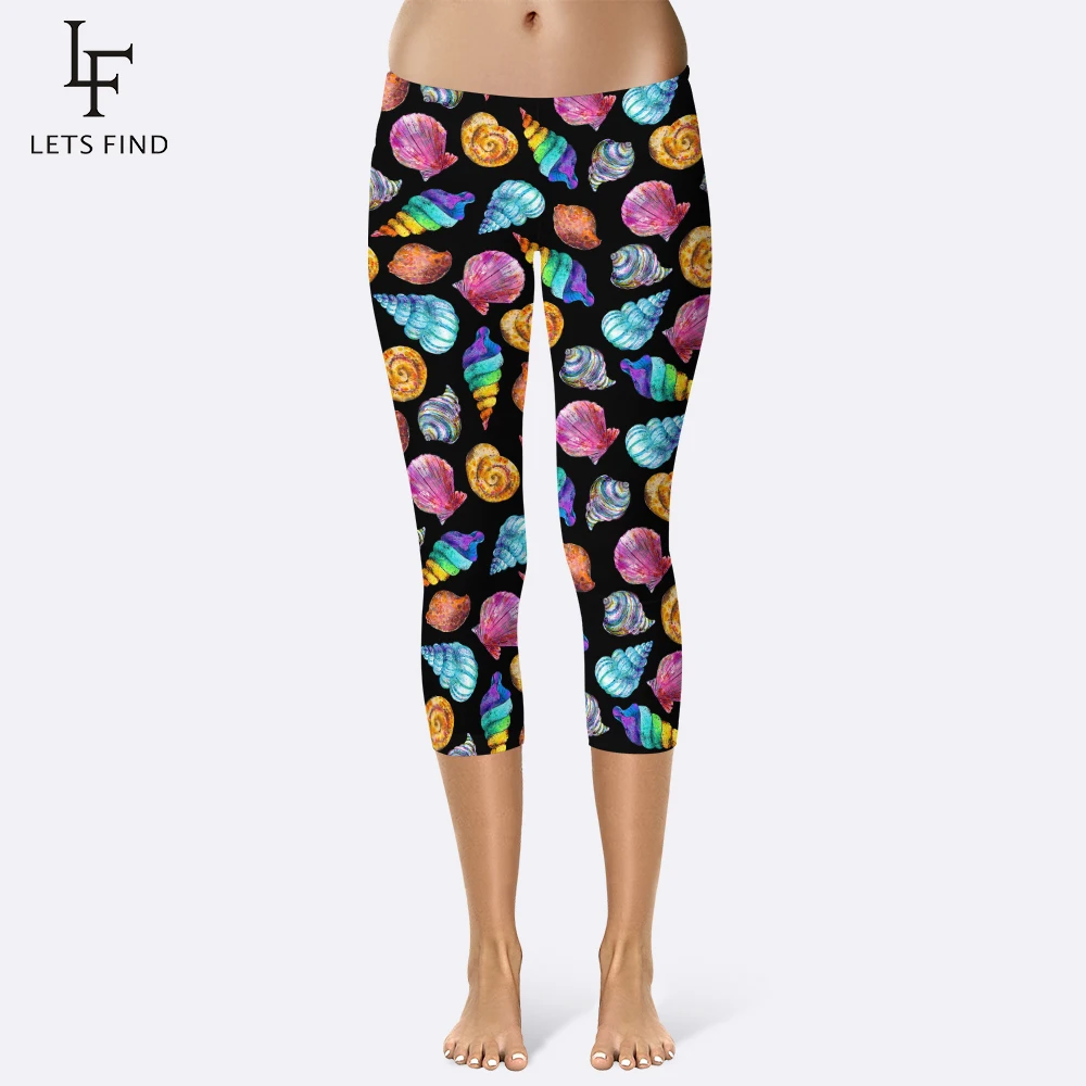 

2019 New Arrival Mid Calf Leggings 3d Digital Printing Leggins Black Background Printed Iridescence Conch Women Capri Leggings