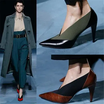 

2019 New Spring Deep V Women Pumps Pointed Toe Hoof Heels Slip On Laides Pumps Patchwork Design Runway High Heels Shoes Woman