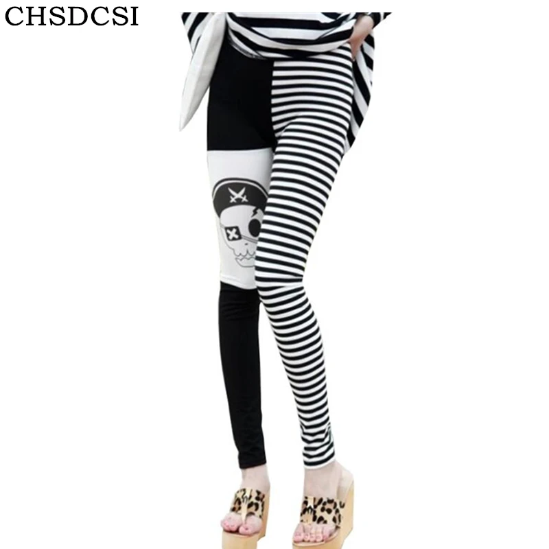 

CHSDCSI Punk Pirates Skeleton Leggings Skull Printed Legging Women's Striped Spring Autumn Leggins Skinny Pants Casual Trousers
