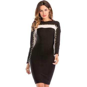 

2019Beading New Style Patchwork Fashion Bandage Dress Sexy Women Night Club Evening Party Body con Full O-Neck Dresses Wholesale