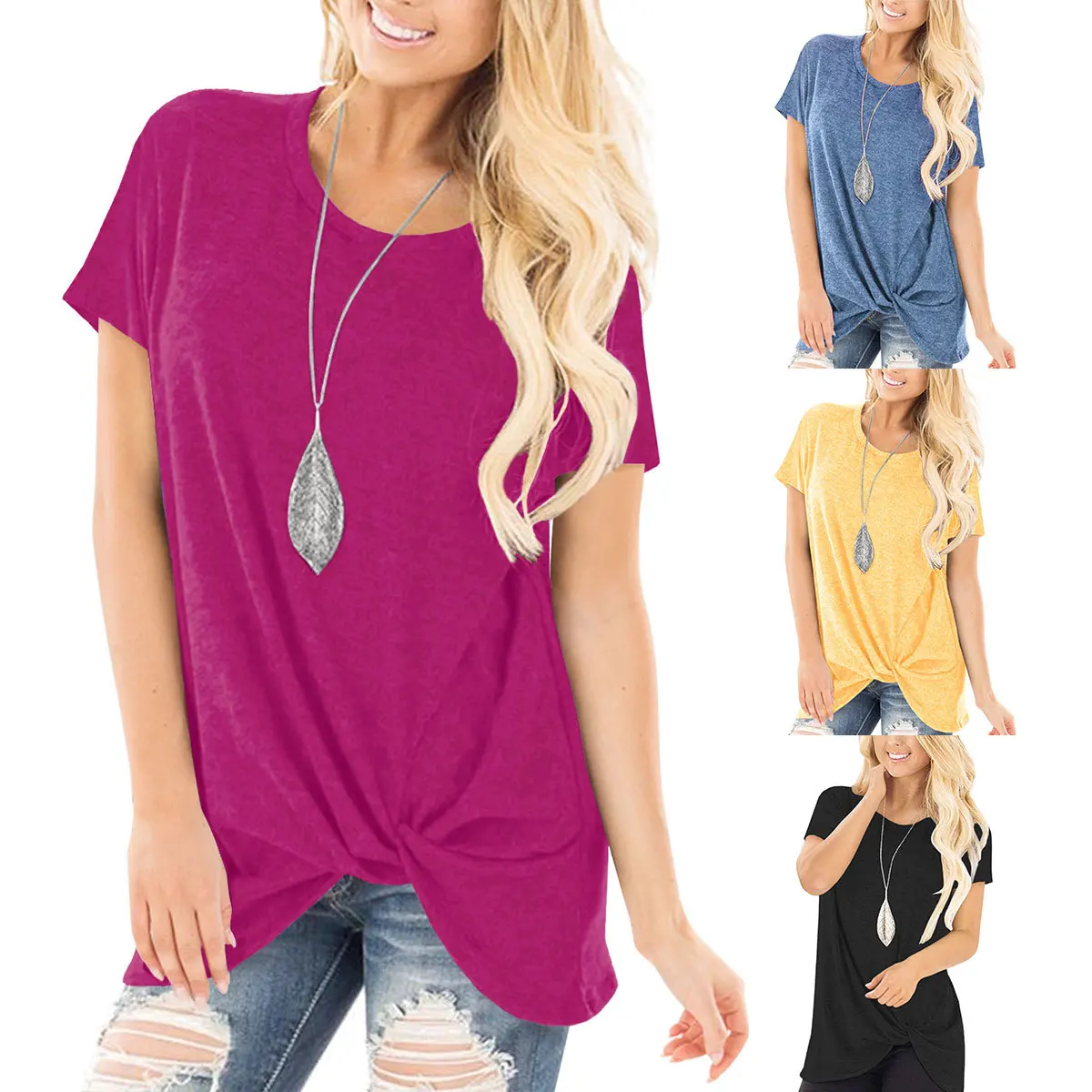 

new explosion women clothing Amazon explosion models short-sleeved knotted round neck shirt short-sleeved T-shirt women shirts