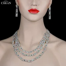 Chran Elegant Austrian Crystal Wedding Jewelry Set Luxury Silver Plated 3 Rows Rhinestone Necklace Earrings for Ladies Prom