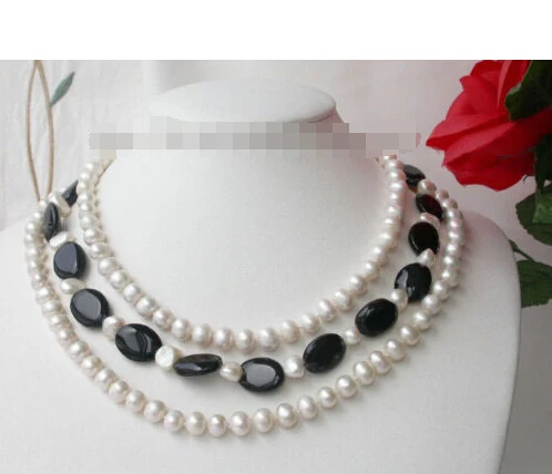 

FREE shipping>>>>>Elegant 3strands 8-9mm FW pearl Black agate Necklace new