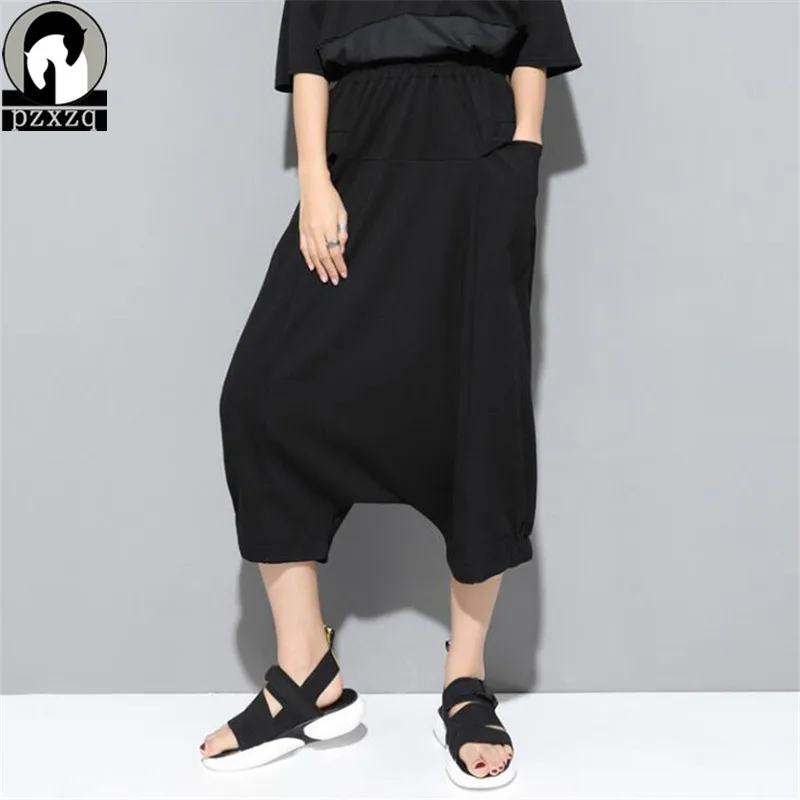 2019 New SummerCross-pants Elastic Waist Black Oversized Stitch Loose Long Cross-pants Women Trousers Fashion Harem Pants Female