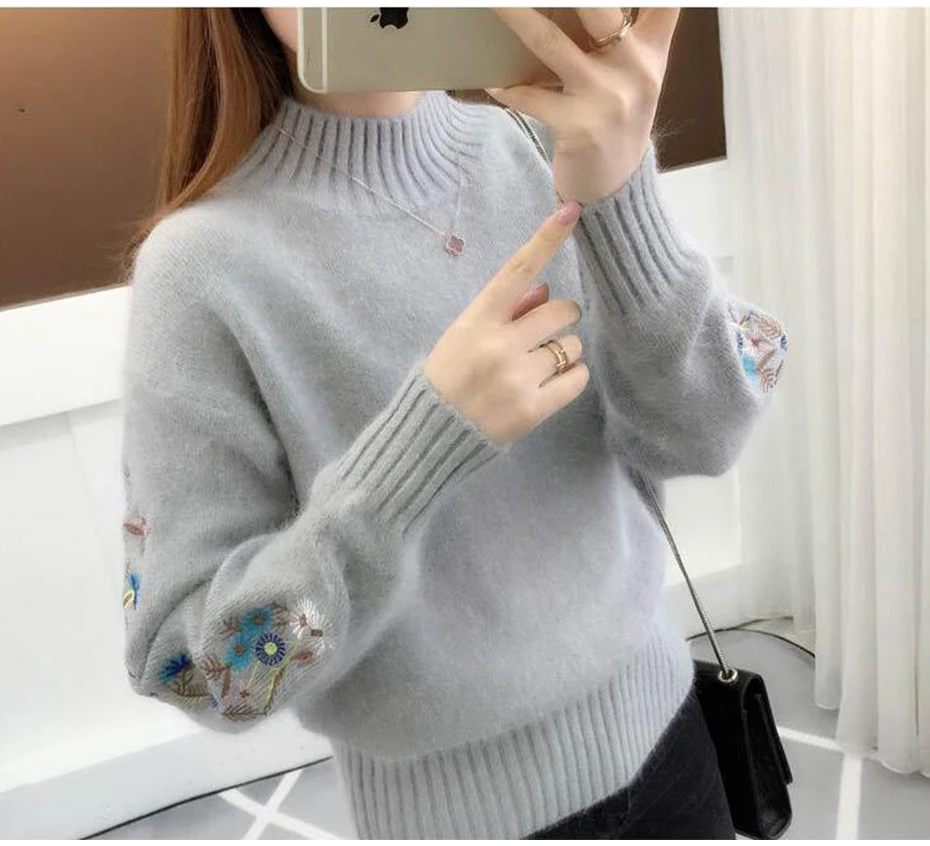 Embroidery Turtleneck Sweater Women 2019 Winter Thick Warm Women Pullovers and Sweaters Female Knitted Pull Femme Red flower Embroidery Turtleneck Sweater Women 2019 Winter Thick Warm Women Pullovers and Sweaters Female Knitted Pull Femme Red flower
