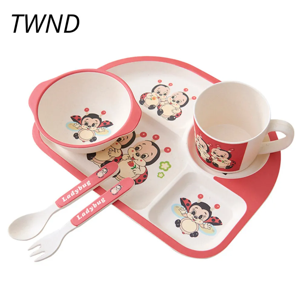 5 Pieces children's tableware sets baby bowls plates dishes cup fork 17