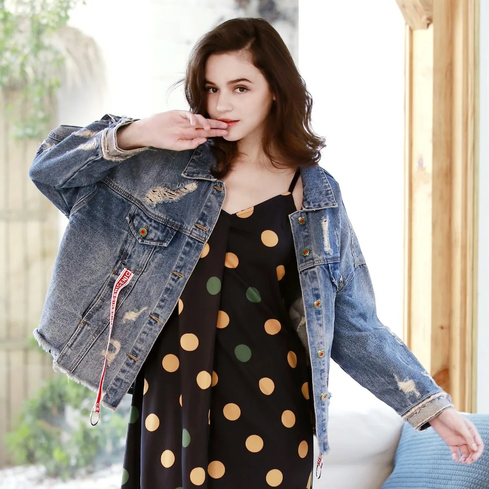 

2018 New Fashion Boyfriend Cowboy Jacket Casual Vintage Hole Bat Sleeved Jean Outerwear Loose Denim Jacket Coats for Women