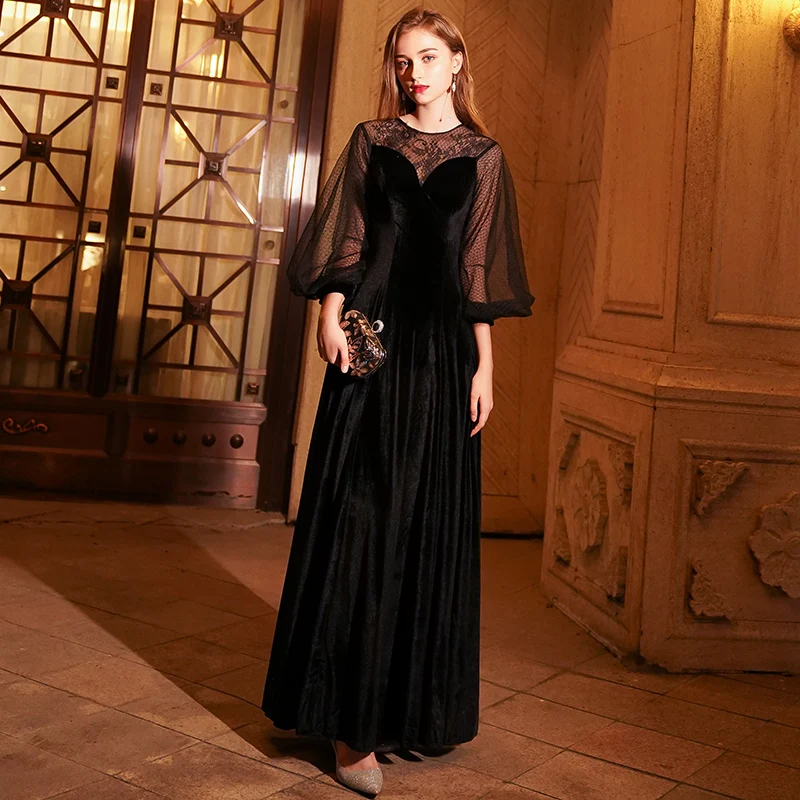 Black Vestido de Festa Lace Evening Dresses 2020 New Velour Boat Neck Long Sleeves Romovable Skirt Prom Dress Party Gown LYFY09 | Свадьбы и