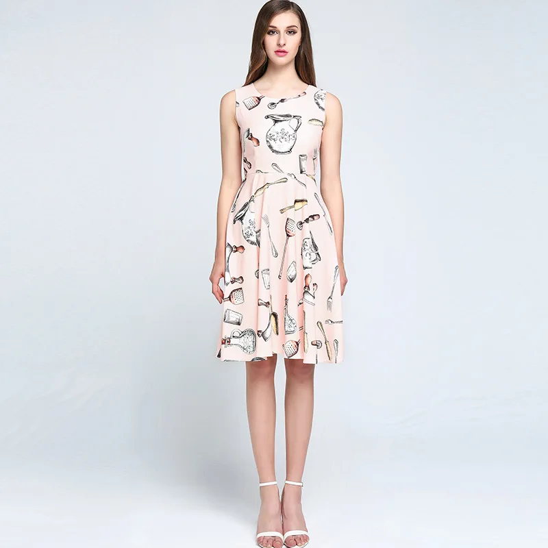 

High Quality 2018 Spring&Summer Newest O-Neck Sleeveless Pots And forks Print Pink Elegant Dress women
