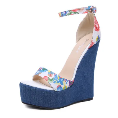 

2019 New Designer Print Denim Sandals Roman Sandals High Quality Wedges High Heels Peep-Toe Platform Shoes Woman