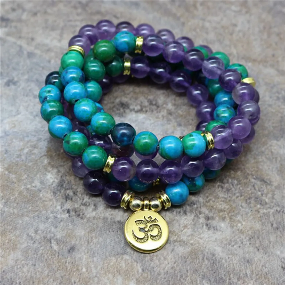 Estilo de Cristal Novo Chrysocolla Contas 108 Pulseira Ouro om Lotus Charme Energia Yoga Mala Cura Colar Atacado & 8mm