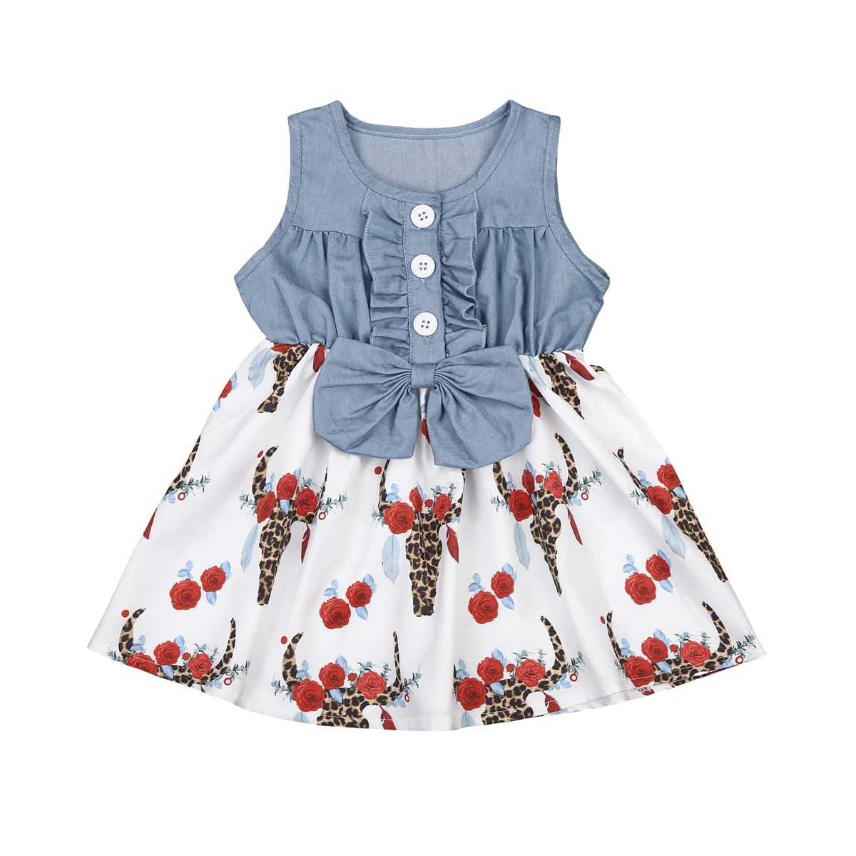 

Pudcoco 2019 Summer Kid Baby Girl Sleeveless Denim Floral Ruffle Dresses Princess Party Patchwork Dress
