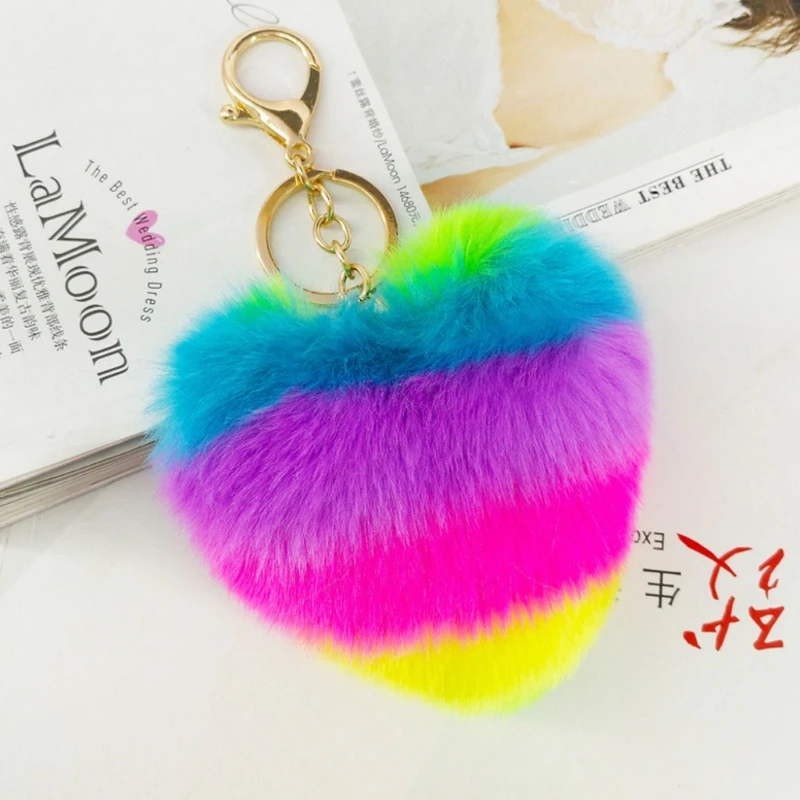 

Novelty Rainbow Heart KeyChain Bag Hang Plush Toy Pendant Pop Pom Keyring