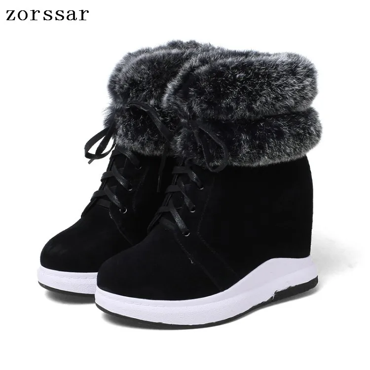 

{Zorssar} 2018 winter womens snow boots suede Leather height increasing boots women high heel ankle boots Platform wedges shoes