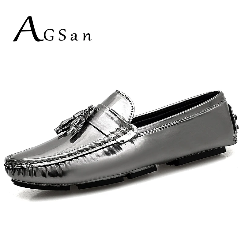 AGSan Silver Men Tassel Loafers Solid Color Driving Shoes for Slip On Lazy Black Mocasines Hombre PU Mens Flat | Обувь