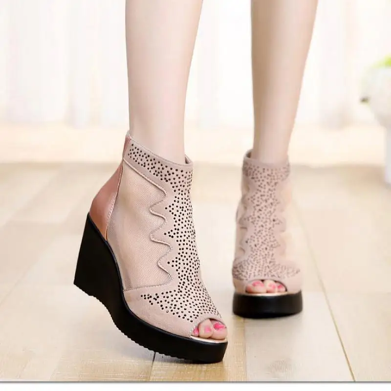 

Summer Genuine Leather Hollow Fish Mouth High Heel Ankle Boots Small Size 32 33 To 40 Women's Shoes Platform Wedges Boots