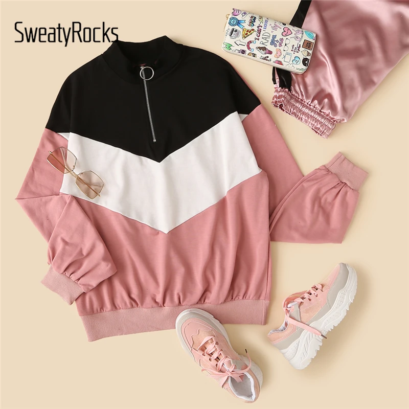 SweatyRocks Повседневный пуловер и брюки с цветными блоками, топ со стоячим воротником и длинным рукавом, зауженные брюки,, Осенний Женский комплект из 2 предметов